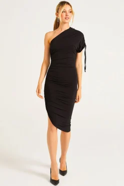 BodyCon Midi Dress With One Shoulder Adjustable Sleeve by Angeleye