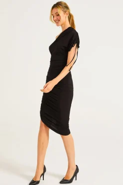 BodyCon Midi Dress With One Shoulder Adjustable Sleeve by Angeleye