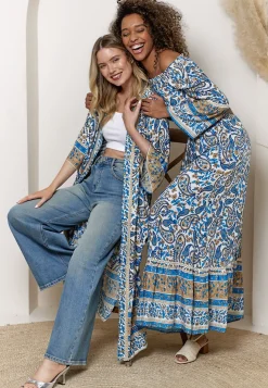 Boho Co-ord Bardot Top And Maxi Skirt Set In Blue Paisley Print by Angeleye