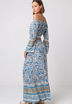 Boho Co-ord Bardot Top And Maxi Skirt Set In Blue Paisley Print by Angeleye