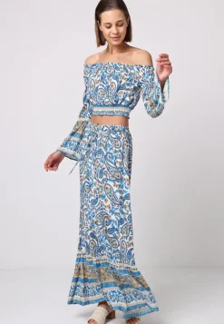 Boho Co-ord Bardot Top And Maxi Skirt Set In Blue Paisley Print by Angeleye