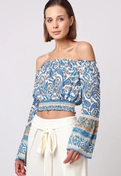 Boho Co-ord Bardot Top And Maxi Skirt Set In Blue Paisley Print by Angeleye