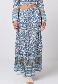 Boho Co-ord Bardot Top And Maxi Skirt Set In Blue Paisley Print by Angeleye
