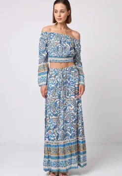 Boho Co-ord Bardot Top And Maxi Skirt Set In Blue Paisley Print by Angeleye