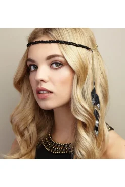 Boho Headband With Feathers And Glitter In Black by QueenMee Accessories