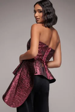 Boob Tube Jacquard Top With Asymmetric Peplum Frill - Burgundy Red by Goddiva
