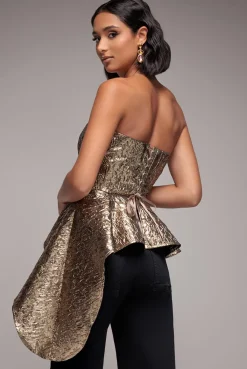 Boob Tube Jacquard Top With Asymmetric Peplum Frill - Bronze Gold by Goddiva