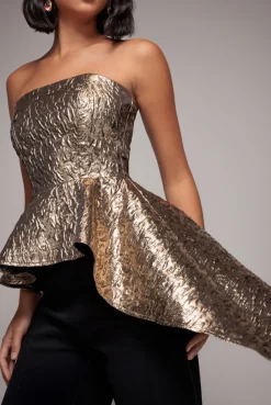 Boob Tube Jacquard Top With Asymmetric Peplum Frill - Bronze Gold by Goddiva