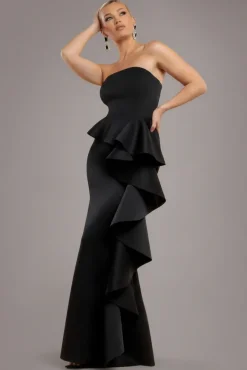 Boobtube Peplum Waterfall Frill Maxi Dress - Black by Goddiva