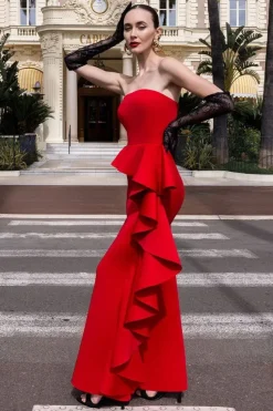 Boobtube Peplum Waterfall Frill Maxi Dress - Red by Goddiva