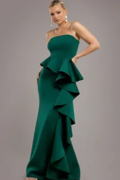 Boobtube Peplum Waterfall Frill Maxi Dress - Emerald Green by Goddiva
