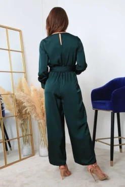 Bottle Green Lux Satin Wrap Jumpsuit by Double Second