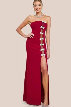 Bow Embellished Strapless Mermaid Maxi Dress - Wine by Goddiva