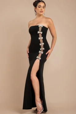 Bow Embellished Strapless Mermaid Maxi Dress - Black by Goddiva