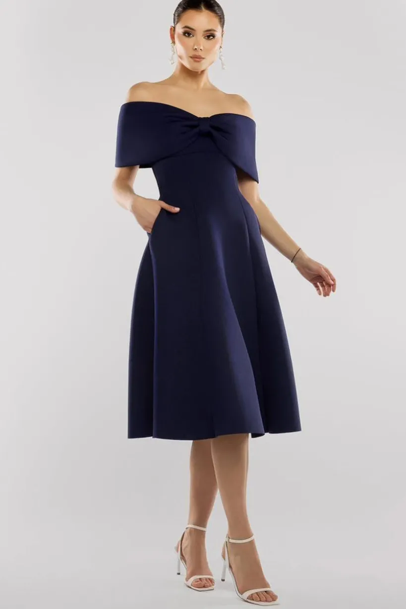 Bow Off The Shoulder A Line Midi Dress - Navy Blue by Goddiva