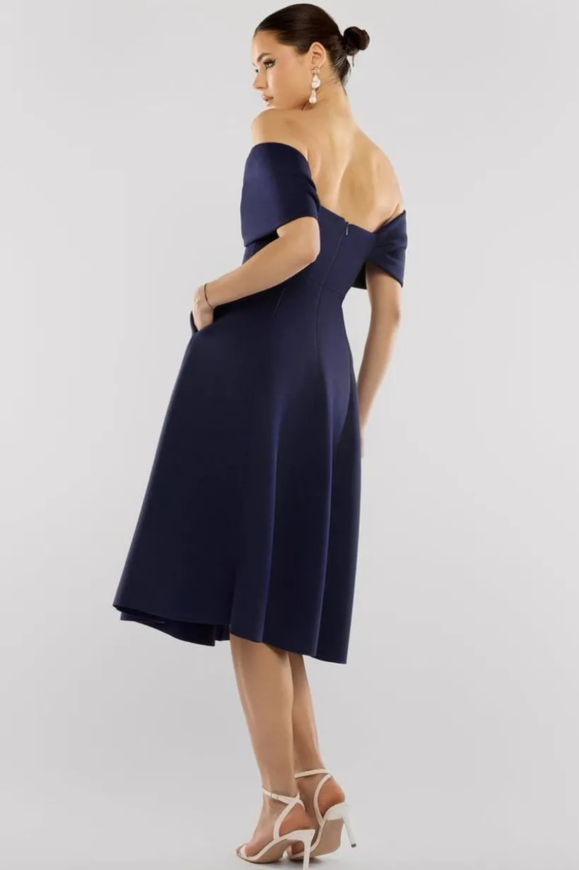 Bow Off The Shoulder A Line Midi Dress - Navy Blue by Goddiva