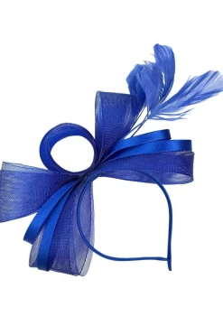 Bow Shaped Fascinator With Satin Loops & Feathers In Royal Blue by SVNX