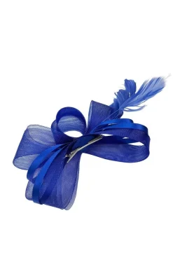 Bow Shaped Fascinator With Satin Loops & Feathers In Royal Blue by SVNX