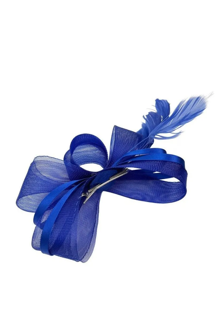 Bow Shaped Fascinator With Satin Loops & Feathers In Royal Blue by SVNX