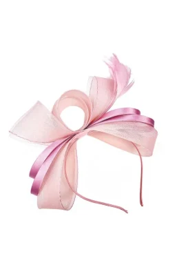 Bow Shaped Fascinator With Satin Loops & Feathers In Pink by SVNX