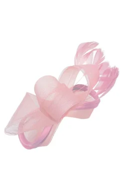 Bow Shaped Fascinator With Satin Loops & Feathers In Pink by SVNX