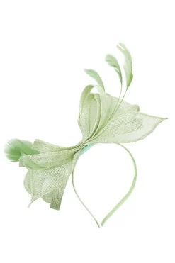 Bow Shaped Fascinator With Sinamay Curls & Feathers In Pastel Green by SVNX