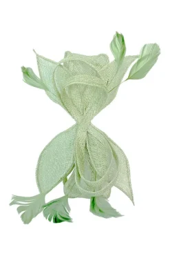 Bow Shaped Fascinator With Sinamay Curls & Feathers In Pastel Green by SVNX