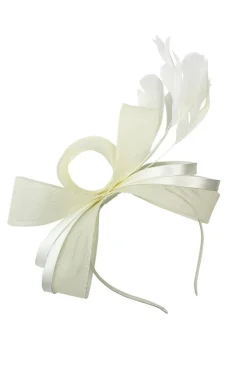 Bow Shaped Fascinator With Satin Loops & Feathers In Cream by SVNX