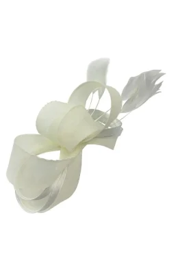 Bow Shaped Fascinator With Satin Loops & Feathers In Cream by SVNX