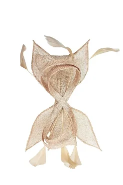 Bow Shaped Fascinator With Sinamay Curls & Feathers In Nude by SVNX