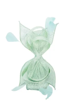 Bow Shaped Fascinator With Sinamay Curls & Feathers In Mint Blue by SVNX