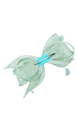 Bow Shaped Fascinator With Sinamay Curls & Feathers In Mint Blue by SVNX