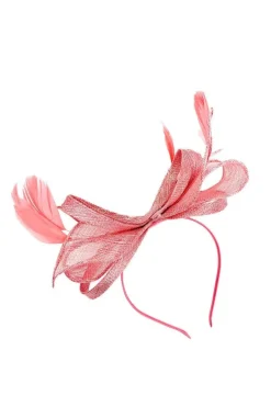 Bow Shaped Fascinator With Sinamay Curls & Feathers In Pink by SVNX