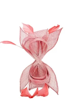 Bow Shaped Fascinator With Sinamay Curls & Feathers In Pink by SVNX