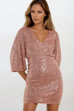 Bronze Sequin V Neck Mini Dress by Aftershock London