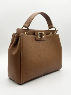 Brown Faux Leather Handbag With Gold Trim by SVNX