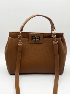 Brown Faux Leather Handbag With Gold Trim by SVNX