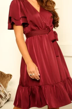 Burgundy Satin Double Tea Sleeve Wrap Dress by Double Second