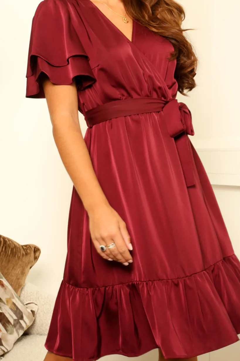 Burgundy Satin Double Tea Sleeve Wrap Dress by Double Second