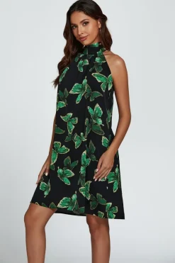 Butterfly Print Halter Neck Tie Back Mini Dress In Green by FS Collection