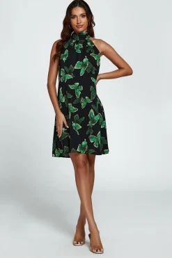 Butterfly Print Halter Neck Tie Back Mini Dress In Green by FS Collection