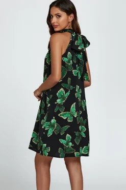 Butterfly Print Halter Neck Tie Back Mini Dress In Green by FS Collection
