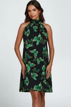 Butterfly Print Halter Neck Tie Back Mini Dress In Green by FS Collection