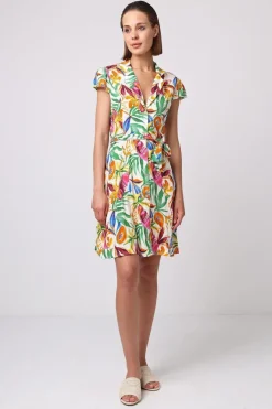 Buttoned Mini Shirt Dress With Cap Sleeves In Tropical Papaya Print by Angeleye