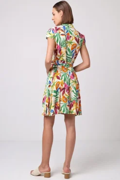 Buttoned Mini Shirt Dress With Cap Sleeves In Tropical Papaya Print by Angeleye