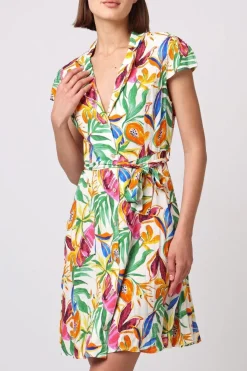 Buttoned Mini Shirt Dress With Cap Sleeves In Tropical Papaya Print by Angeleye
