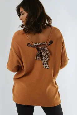 Camel V Neck Jumper With Leopard Bow by Aftershock London