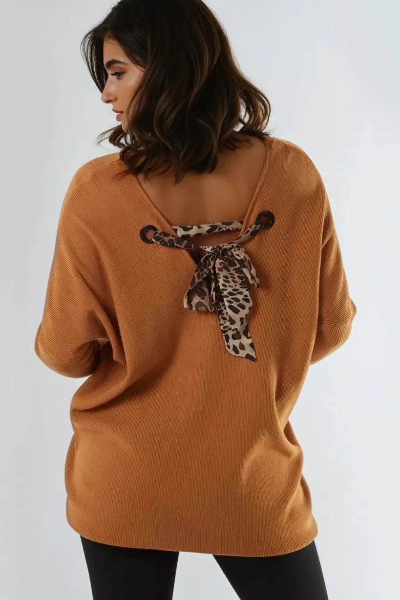 Camel V Neck Jumper With Leopard Bow by Aftershock London
