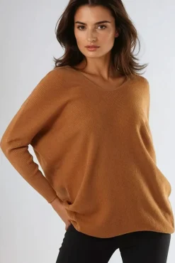 Camel V Neck Jumper With Leopard Bow by Aftershock London