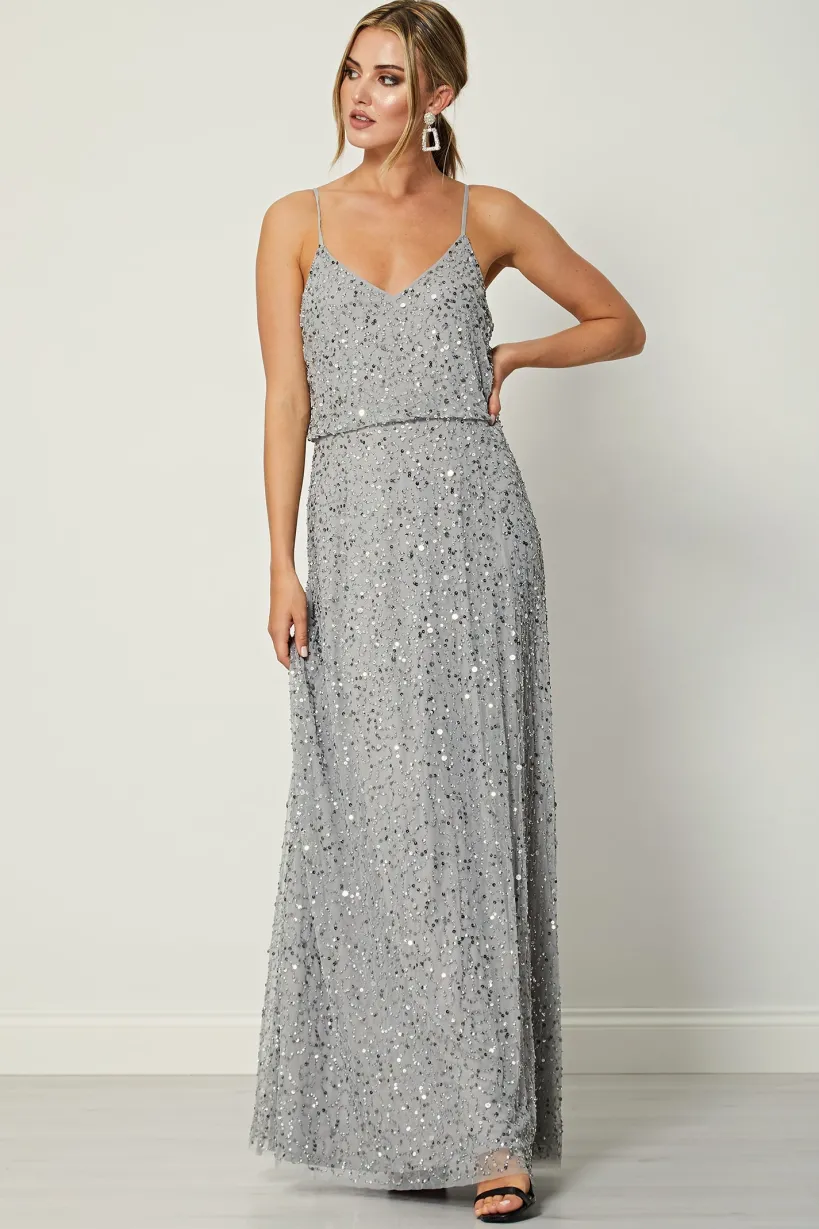 Cami Sequin Embellished Maxi Dress In Grey by Angeleye